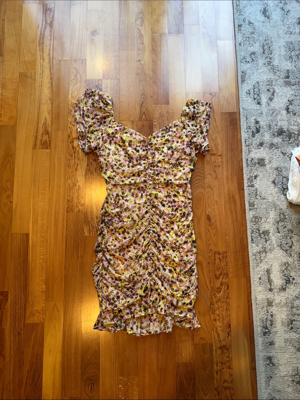 Astr Pink Floral Ruched Mini Dress with Yellow Accents